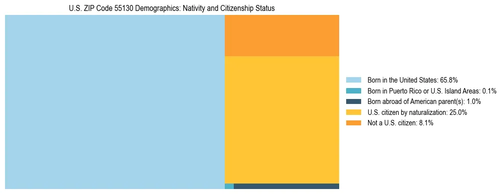 Treemap showing the population distribution by nativity and citizenship status in US ZIP Code 55130 based on U.S. Census data.