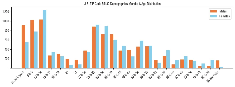 Bar chart showing the population distribution of US ZIP Code 55130 by age group and gender, based on 2023 ACS data.