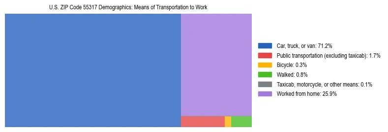Treemap showing means of transportation to work distribution in US ZIP Code 55317.