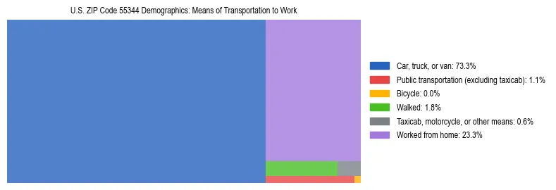 Treemap showing means of transportation to work distribution in US ZIP Code 55344.