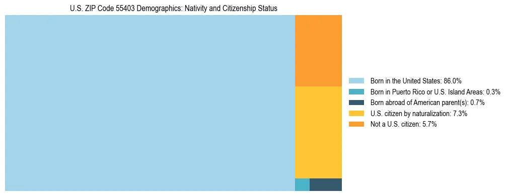 Treemap showing the population distribution by nativity and citizenship status in US ZIP Code 55403 based on U.S. Census data.