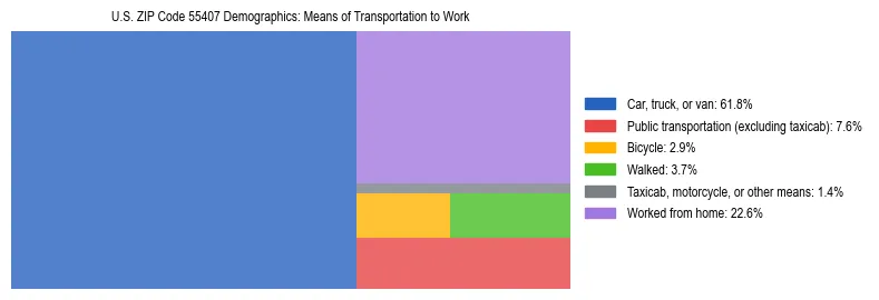 Treemap showing means of transportation to work distribution in US ZIP Code 55407.