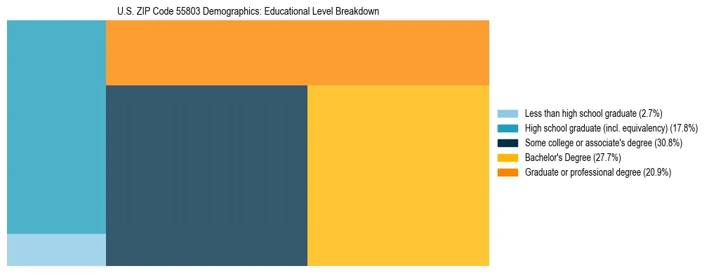 Treemap chart illustrating the educational attainment breakdown for population 25 years and over in US ZIP Code 55803.