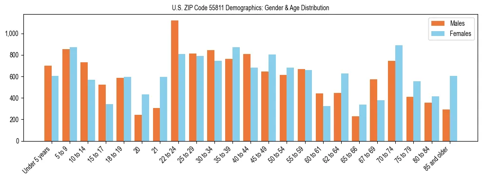 Bar chart showing the population distribution of US ZIP Code 55811 by age group and gender, based on 2023 ACS data.