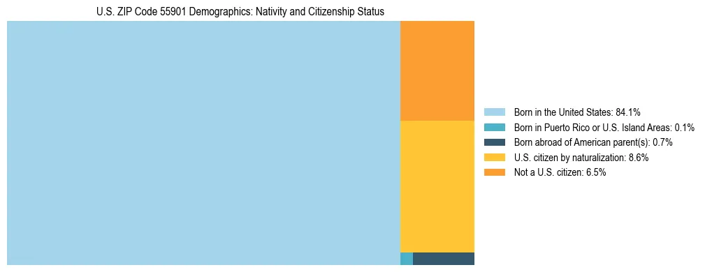 Treemap showing the population distribution by nativity and citizenship status in US ZIP Code 55901 based on U.S. Census data.