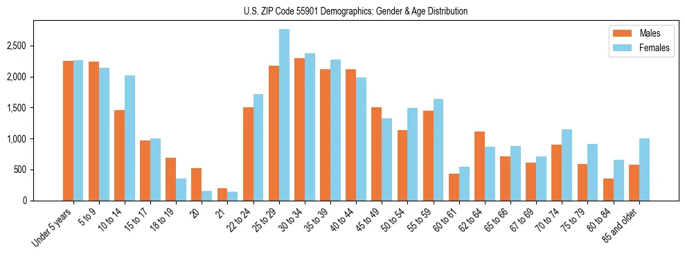 Bar chart showing the population distribution of US ZIP Code 55901 by age group and gender, based on 2023 ACS data.