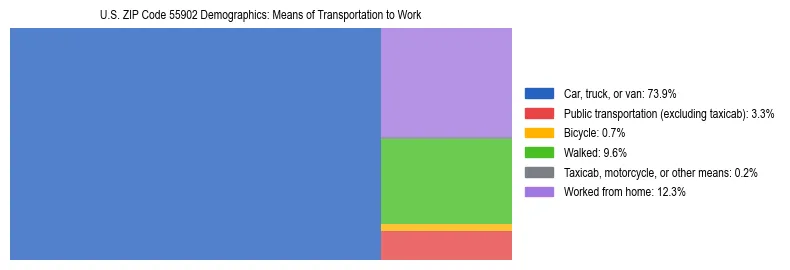 Treemap showing means of transportation to work distribution in US ZIP Code 55902.
