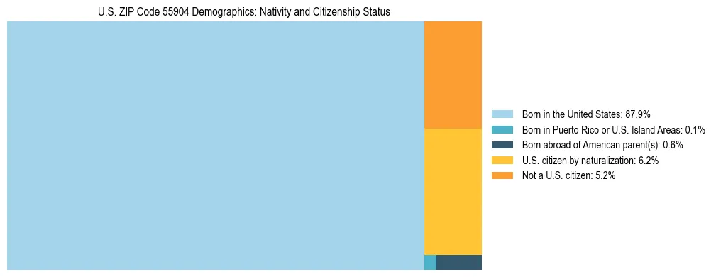 Treemap showing the population distribution by nativity and citizenship status in US ZIP Code 55904 based on U.S. Census data.