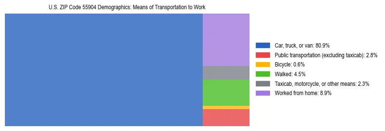 Treemap showing means of transportation to work distribution in US ZIP Code 55904.