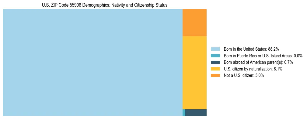 Treemap showing the population distribution by nativity and citizenship status in US ZIP Code 55906 based on U.S. Census data.