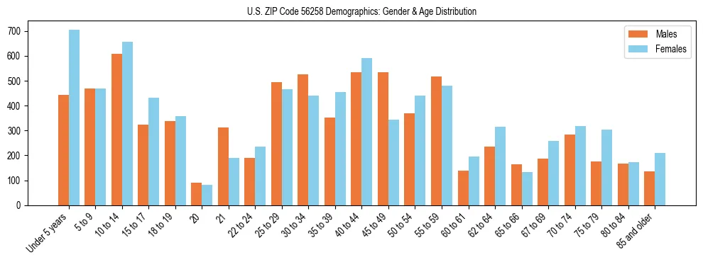 Bar chart showing the population distribution of US ZIP Code 56258 by age group and gender, based on 2023 ACS data.