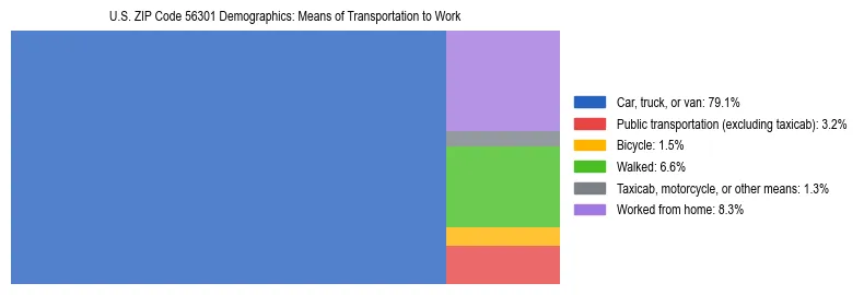 Treemap showing means of transportation to work distribution in US ZIP Code 56301.