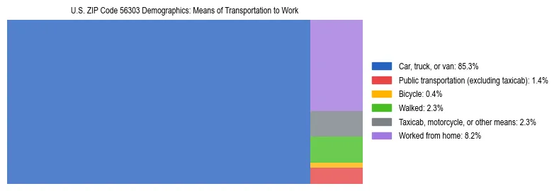 Treemap showing means of transportation to work distribution in US ZIP Code 56303.