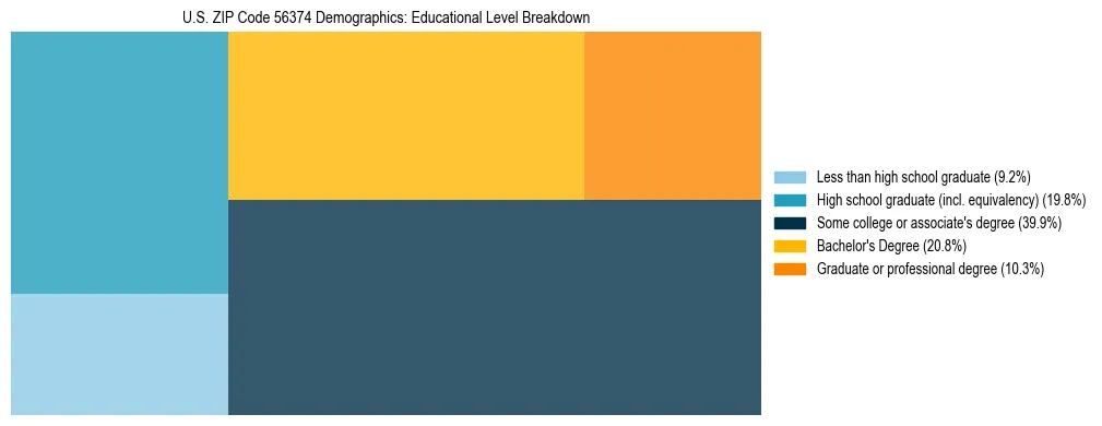 Treemap chart illustrating the educational attainment breakdown for population 25 years and over in US ZIP Code 56374.