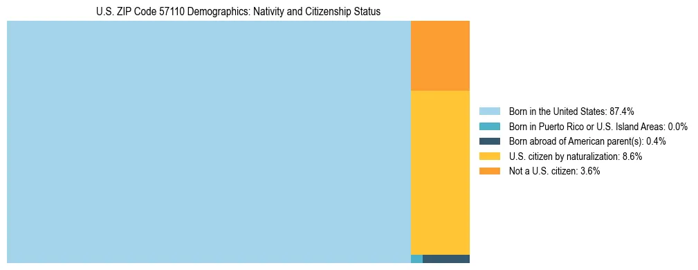 Treemap showing the population distribution by nativity and citizenship status in US ZIP Code 57110 based on U.S. Census data.