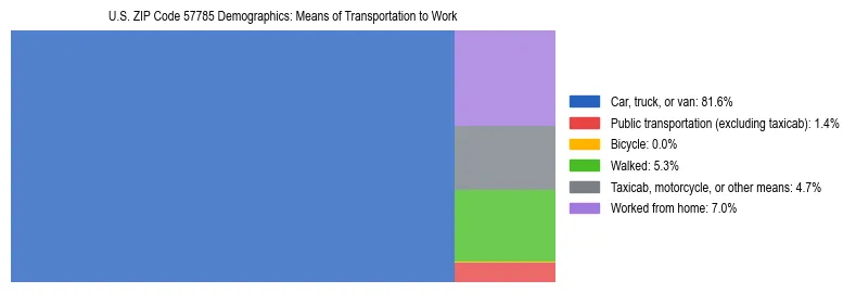 Treemap showing means of transportation to work distribution in US ZIP Code 57785.