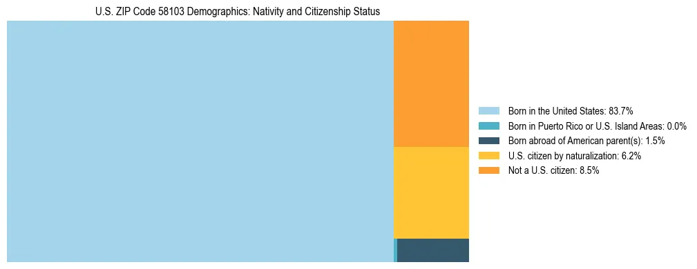 Treemap showing the population distribution by nativity and citizenship status in US ZIP Code 58103 based on U.S. Census data.