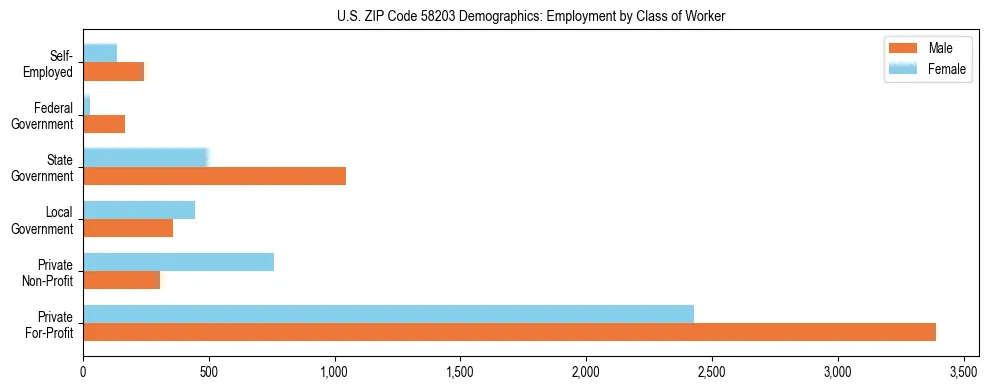 Horizontal bar chart showing employment distribution by class of worker and gender in US ZIP Code 58203, based on 2023 ACS data.