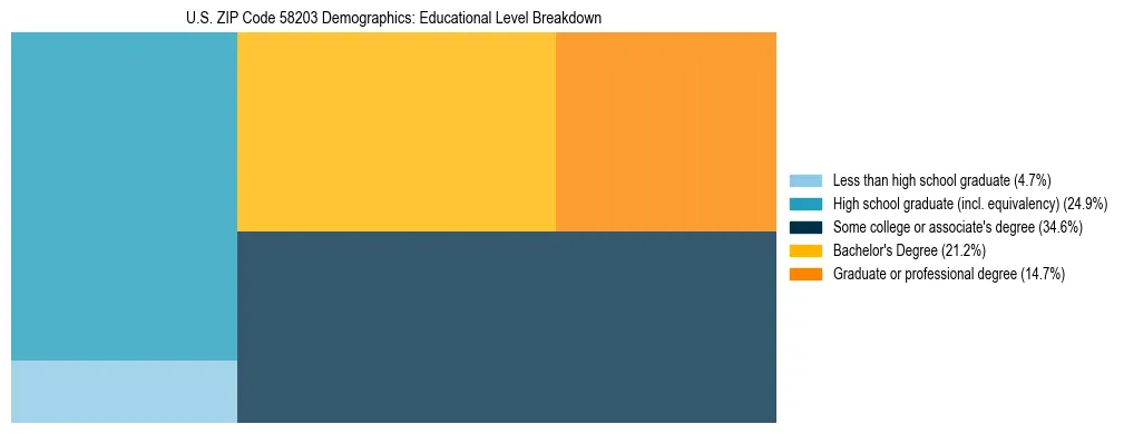 Treemap chart illustrating the educational attainment breakdown for population 25 years and over in US ZIP Code 58203.
