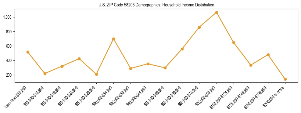 Horizontal bar chart showing household income distribution in US ZIP Code 58203.