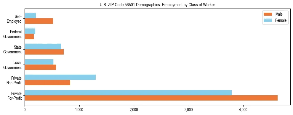 Horizontal bar chart showing employment distribution by class of worker and gender in US ZIP Code 58501, based on 2023 ACS data.