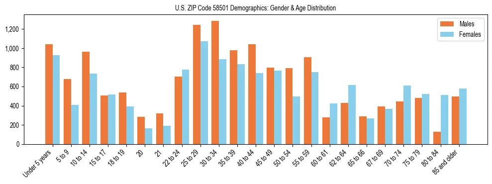 Bar chart showing the population distribution of US ZIP Code 58501 by age group and gender, based on 2023 ACS data.