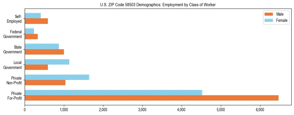 Horizontal bar chart showing employment distribution by class of worker and gender in US ZIP Code 58503, based on 2023 ACS data.