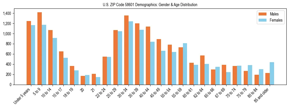 Bar chart showing the population distribution of US ZIP Code 58601 by age group and gender, based on 2023 ACS data.
