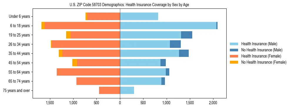 Pyramid chart showing health insurance coverage by age and sex in US ZIP Code 58703.