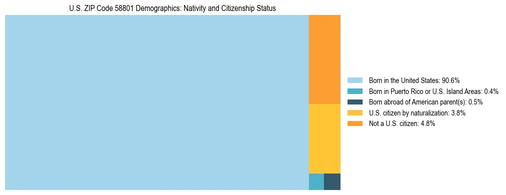Treemap showing the population distribution by nativity and citizenship status in US ZIP Code 58801 based on U.S. Census data.