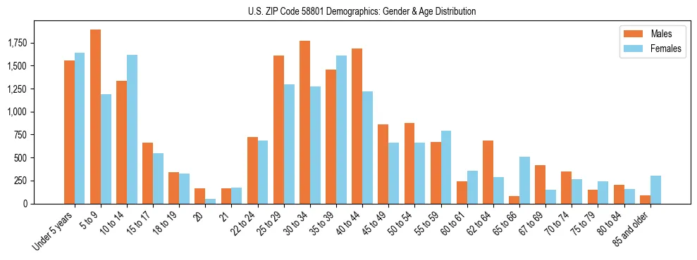 Bar chart showing the population distribution of US ZIP Code 58801 by age group and gender, based on 2023 ACS data.