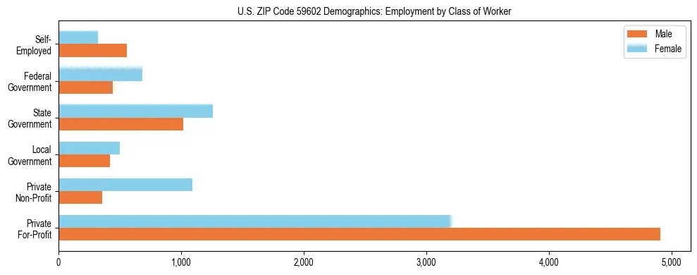 Horizontal bar chart showing employment distribution by class of worker and gender in US ZIP Code 59602, based on 2023 ACS data.