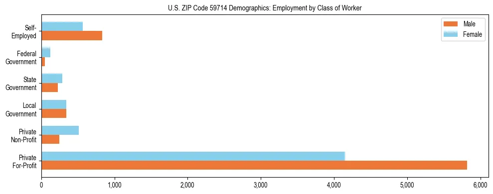 Horizontal bar chart showing employment distribution by class of worker and gender in US ZIP Code 59714, based on 2023 ACS data.