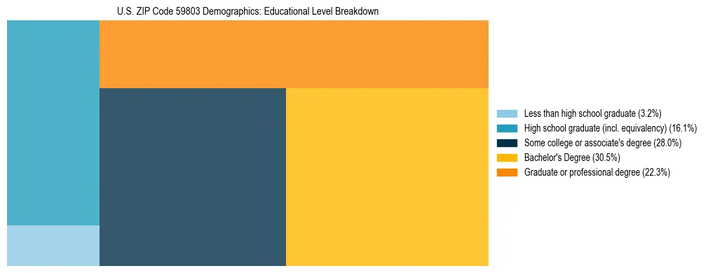 Treemap chart illustrating the educational attainment breakdown for population 25 years and over in US ZIP Code 59803.