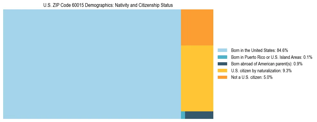 Treemap showing the population distribution by nativity and citizenship status in US ZIP Code 60015 based on U.S. Census data.