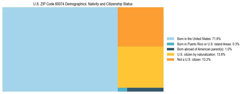 Treemap showing the population distribution by nativity and citizenship status in US ZIP Code 60074 based on U.S. Census data.