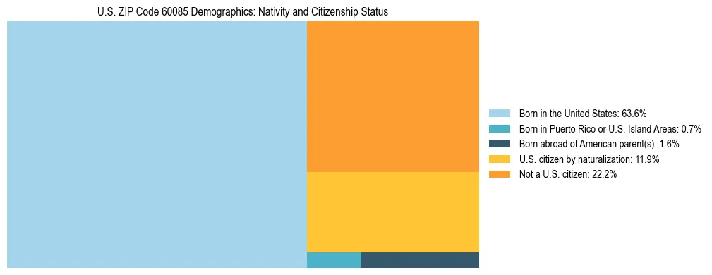 Treemap showing the population distribution by nativity and citizenship status in US ZIP Code 60085 based on U.S. Census data.