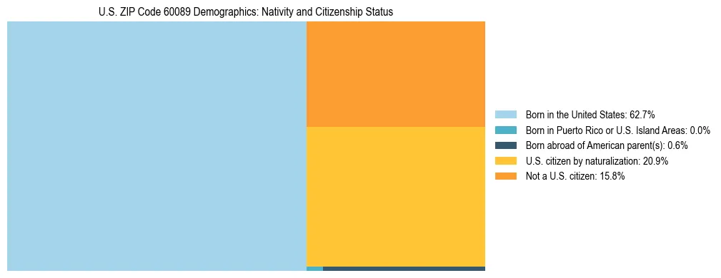 Treemap showing the population distribution by nativity and citizenship status in US ZIP Code 60089 based on U.S. Census data.