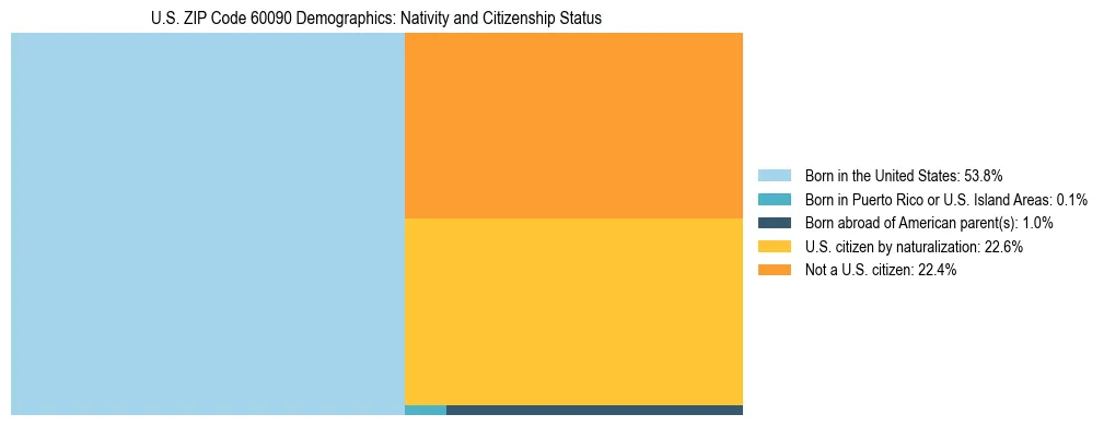 Treemap showing the population distribution by nativity and citizenship status in US ZIP Code 60090 based on U.S. Census data.
