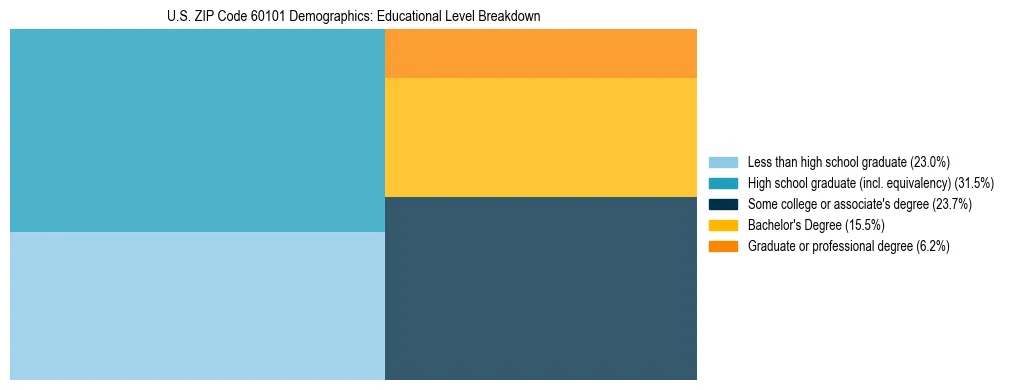 Treemap chart illustrating the educational attainment breakdown for population 25 years and over in US ZIP Code 60101.