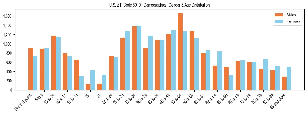 Bar chart showing the population distribution of US ZIP Code 60101 by age group and gender, based on 2023 ACS data.