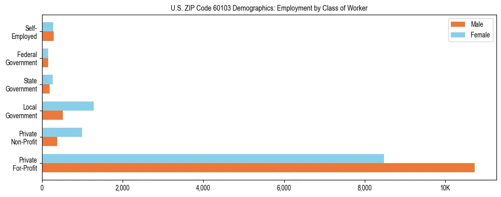 Horizontal bar chart showing employment distribution by class of worker and gender in US ZIP Code 60103, based on 2023 ACS data.