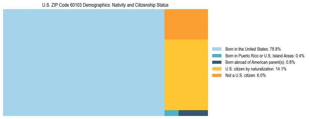 Treemap showing the population distribution by nativity and citizenship status in US ZIP Code 60103 based on U.S. Census data.