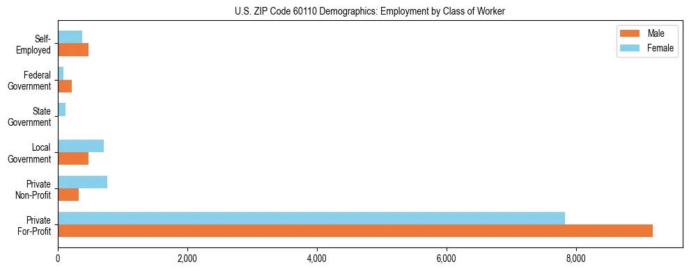 Horizontal bar chart showing employment distribution by class of worker and gender in US ZIP Code 60110, based on 2023 ACS data.