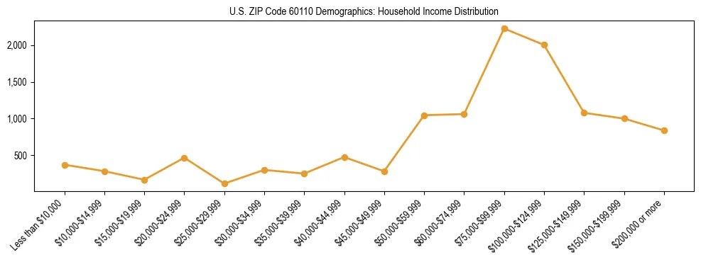 Horizontal bar chart showing household income distribution in US ZIP Code 60110.