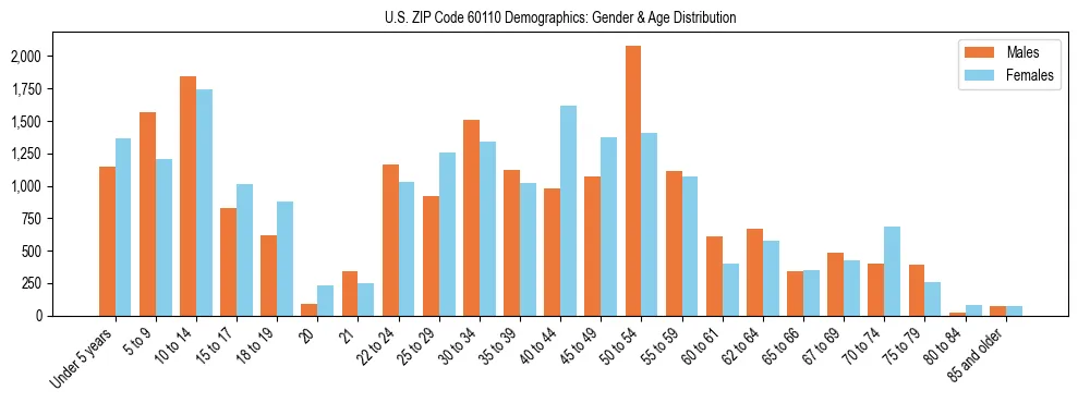 Bar chart showing the population distribution of US ZIP Code 60110 by age group and gender, based on 2023 ACS data.