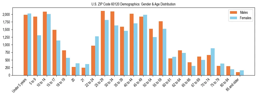 Bar chart showing the population distribution of US ZIP Code 60120 by age group and gender, based on 2023 ACS data.
