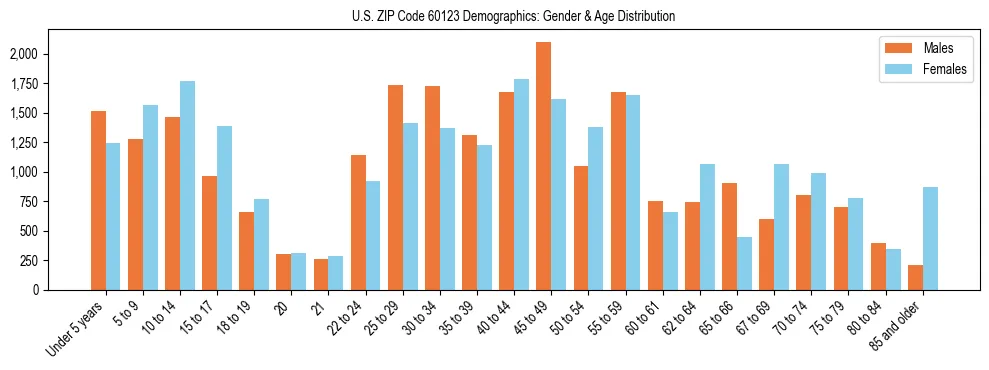 Bar chart showing the population distribution of US ZIP Code 60123 by age group and gender, based on 2023 ACS data.