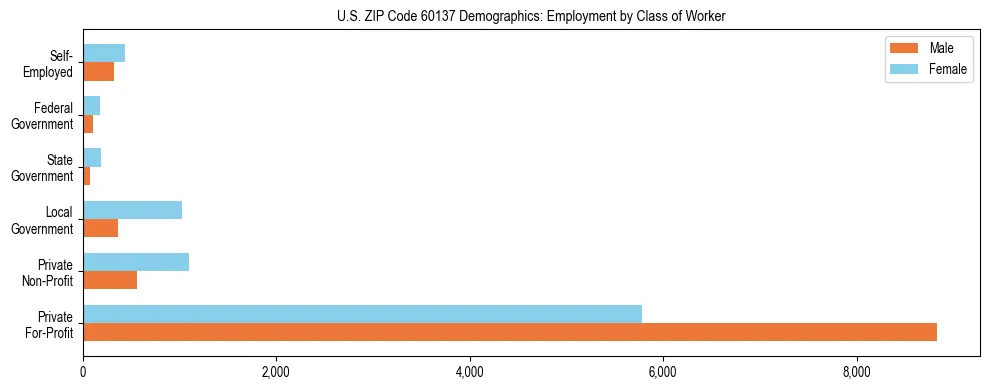 Horizontal bar chart showing employment distribution by class of worker and gender in US ZIP Code 60137, based on 2023 ACS data.