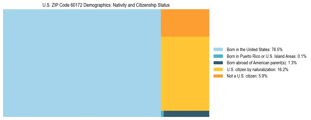 Treemap showing the population distribution by nativity and citizenship status in US ZIP Code 60172 based on U.S. Census data.